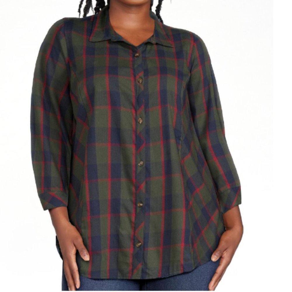 NWT Green Blue 14W Cotton Plaid Classic Stretchy Button Down Shirt BOHO casual